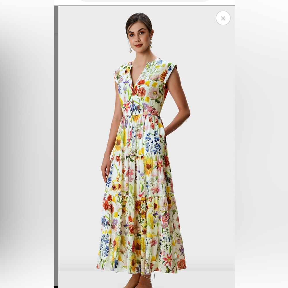 Watercolor Floral Print Georgette Tiered Shirtdress